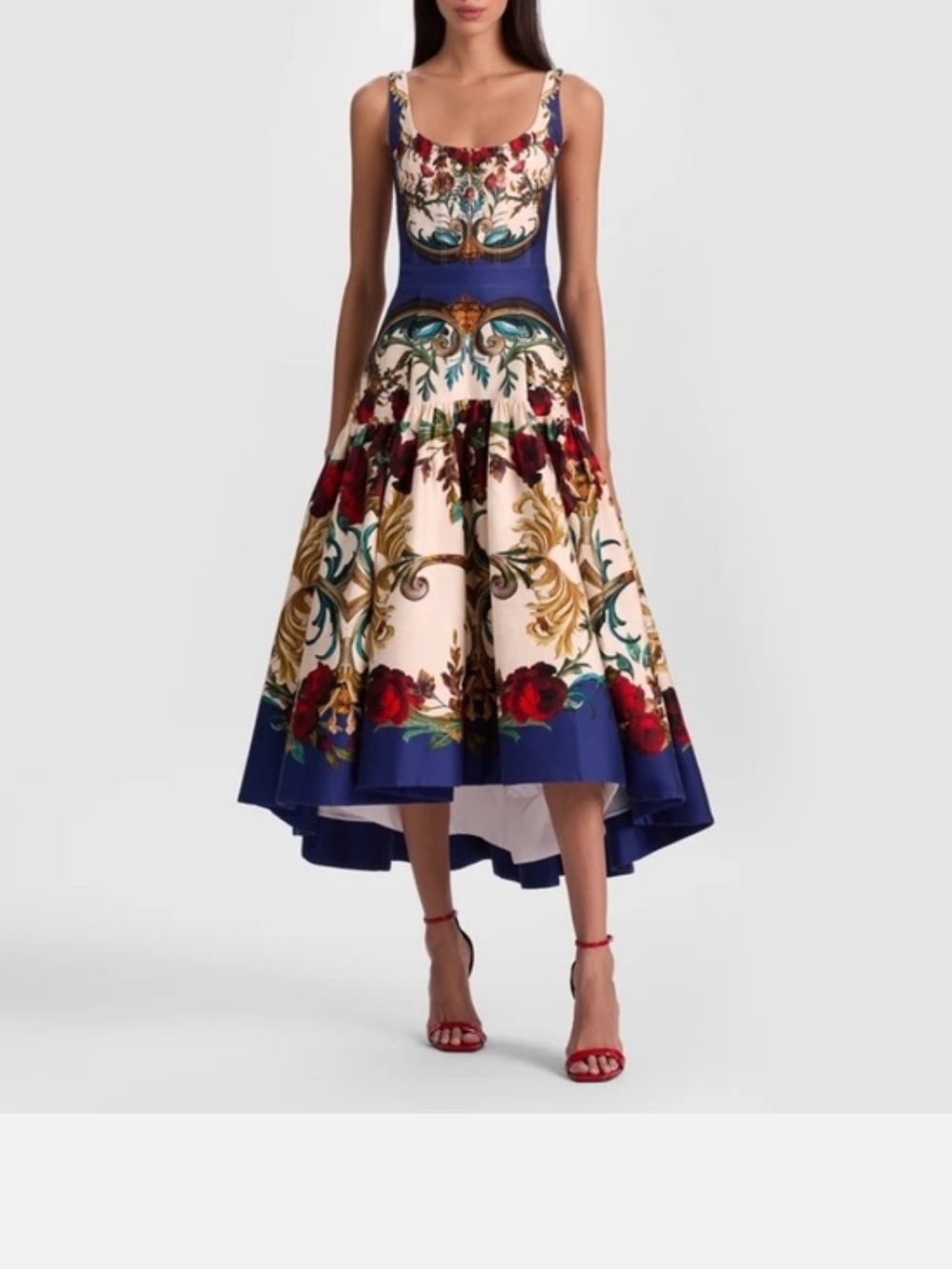 Alice + Olivia Floral Baroque High-Low Dress in Blue, Cream & Red